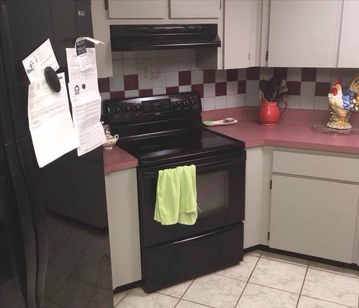 Kitchen with black fridge and oven, grey cabinets, and red and white checkered backsplash